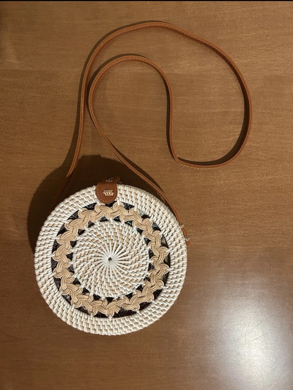 Round Woven Crossbody Bag in Cream and Tan - Picture 3 of 10